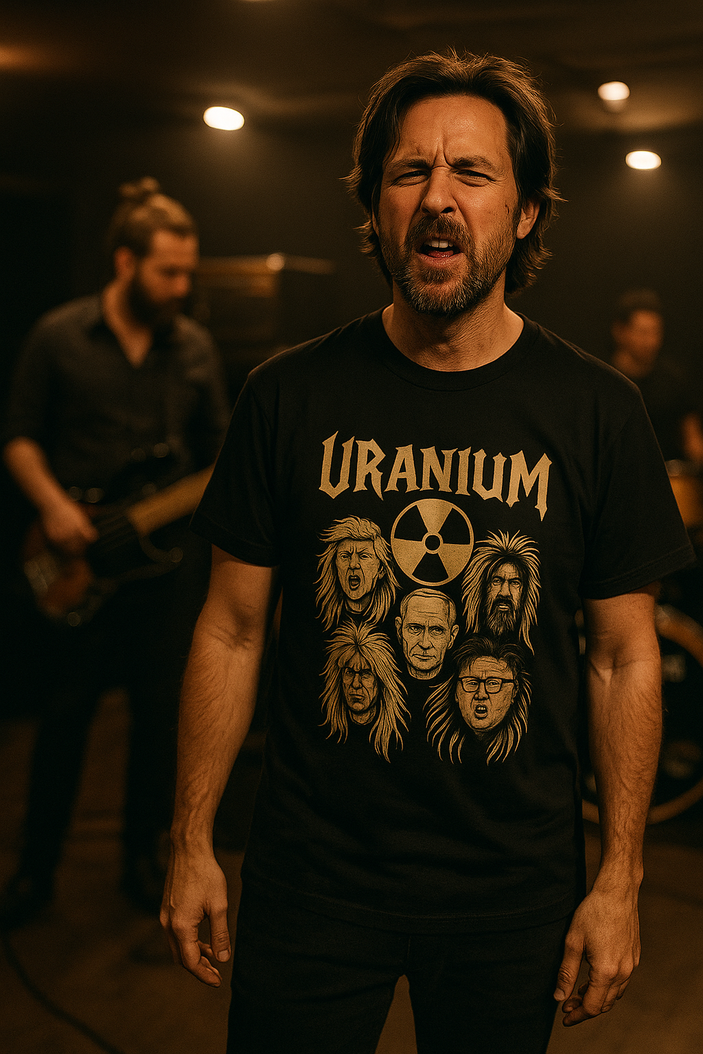 Man performing on stage wearing a black Uranium graphic T shirt.