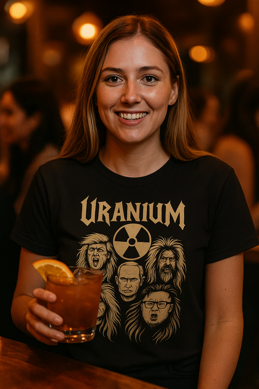 Woman wearing a black 'Uranium' t-shirt with graphic design, holding a drink in a bar setting.