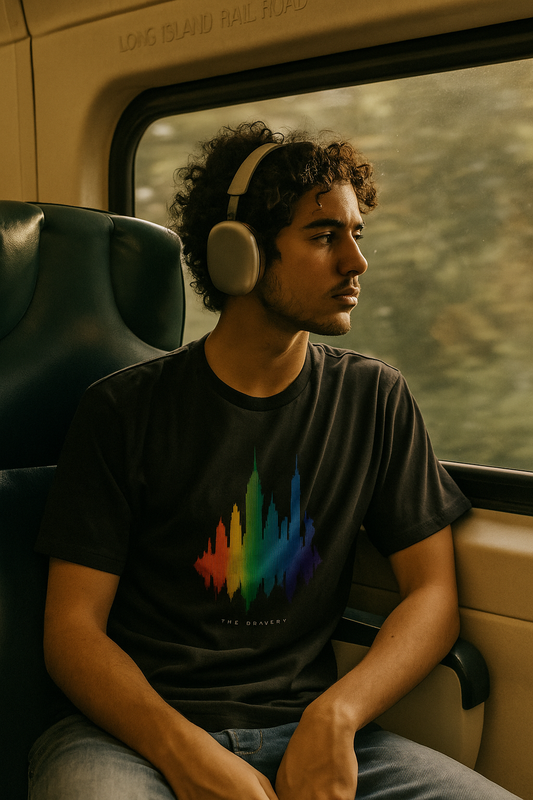 Man wearing headphones and a black t-shirt with a colorful design, sitting inside a vehicle.