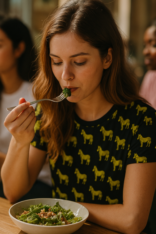 Woman eating a salad from a bowl with a fork, wearing a black shirt with yellow zebra patterns.