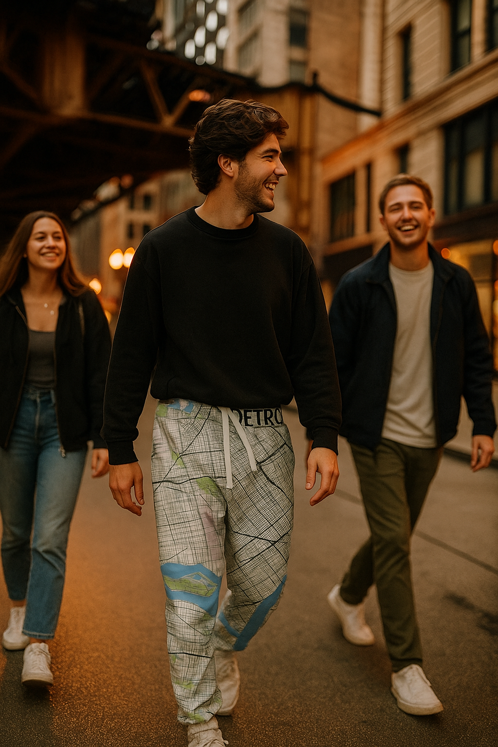 Model in Detroit map print joggers walking through a city scene, casual streetwear outfit with two people behind him in soft focus.