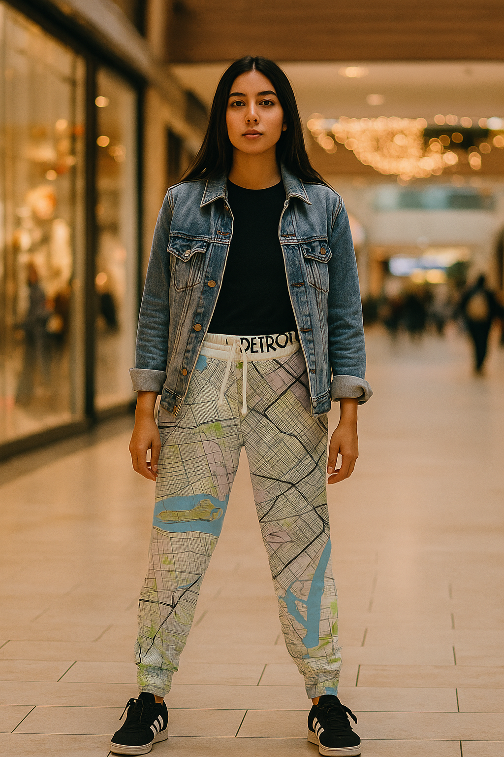 Model standing in a shopping mall wearing Detroit map print joggers with a denim jacket and black top, front facing streetwear look.