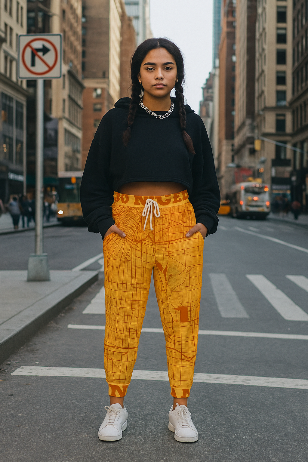 Model wearing orange LA map joggers and a black cropped hoodie while standing on a crosswalk in a downtown city setting, bold streetwear look.