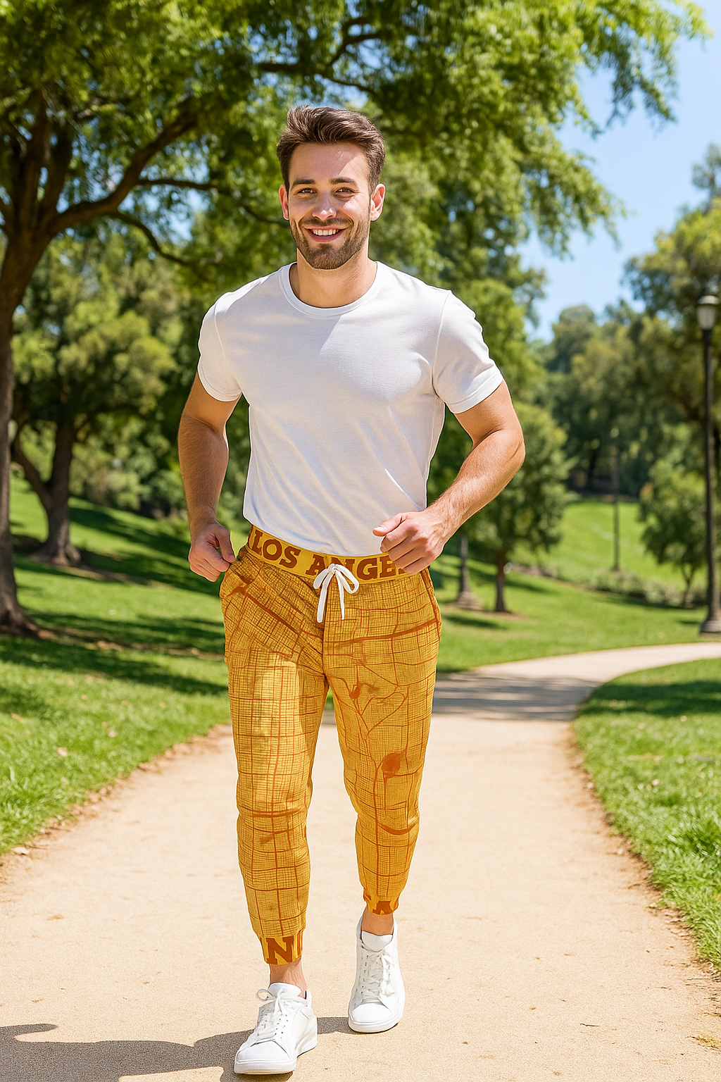 Person jogging in a sunny park wearing orange Los Angeles map print joggers and a white T shirt.