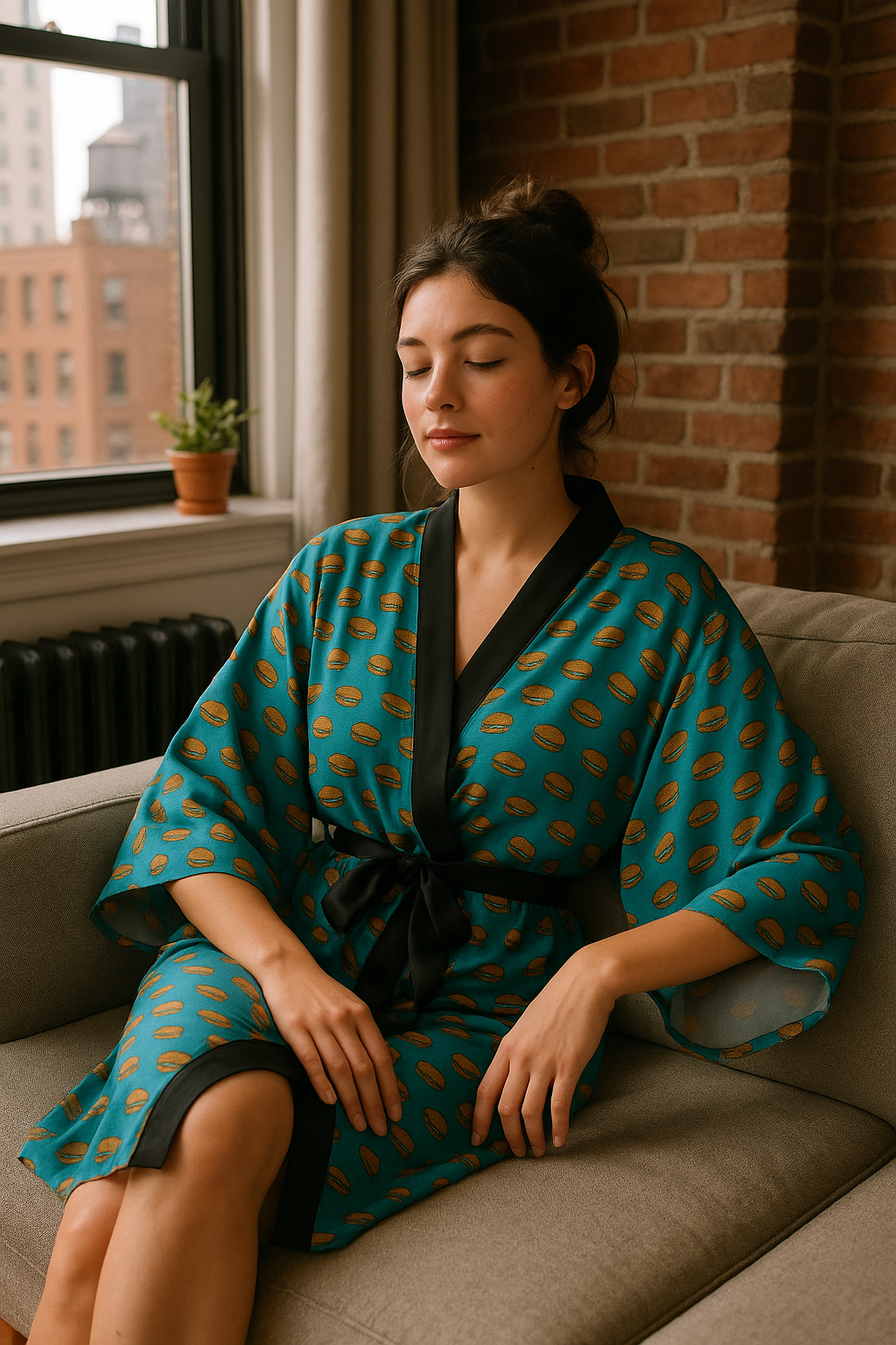 A woman sits quietly on a sofa with her eyes closed, wearing a teal robe patterned with circular designs and tied with a black sash, her hands resting gently on her lap, with a brick wall and sunlit window in the background.