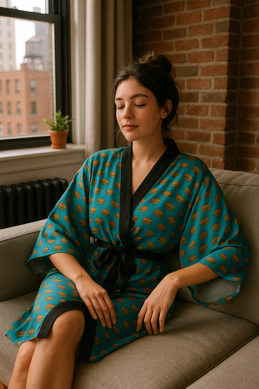 A woman sits quietly on a sofa with her eyes closed, wearing a teal robe patterned with circular designs and tied with a black sash, her hands resting gently on her lap, with a brick wall and sunlit window in the background.
