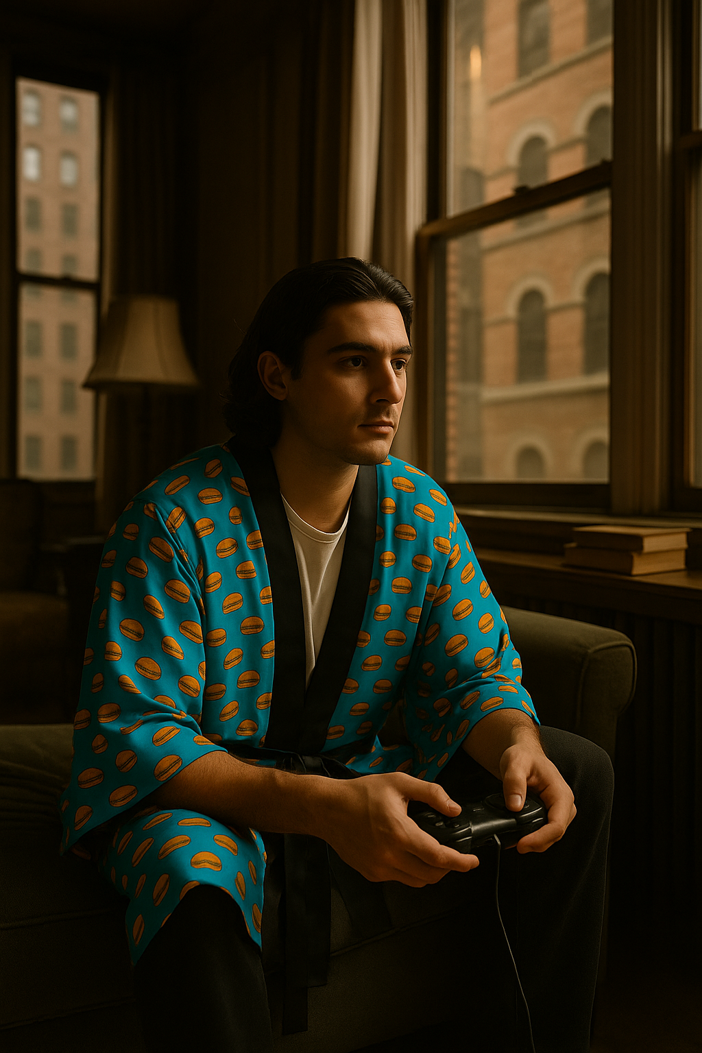 A man sits indoors holding a game controller with a focused expression, wearing a teal robe patterned with small burger illustrations and trimmed in black, with soft warm light coming through large windows that look out onto brick buildings.