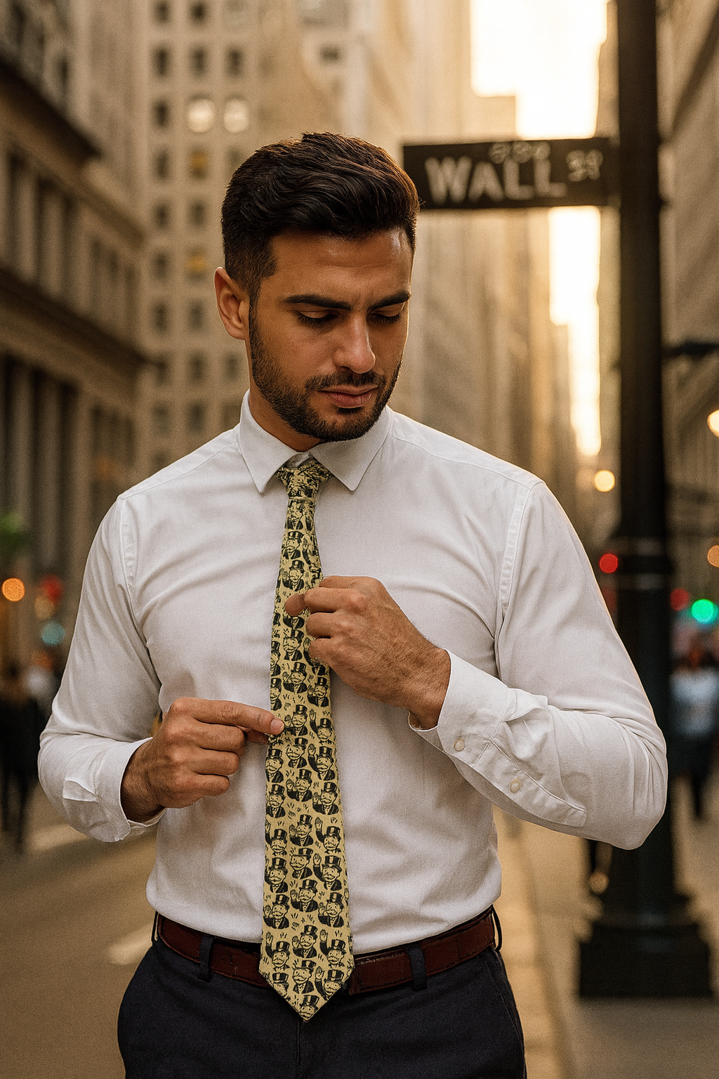 Man wearing a patterned Monopoly themed necktie while adjusting it on a city street with tall buildings in the background.