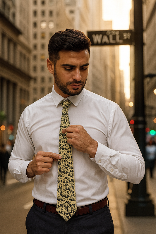 Man wearing a patterned Monopoly themed necktie while adjusting it on a city street with tall buildings in the background.