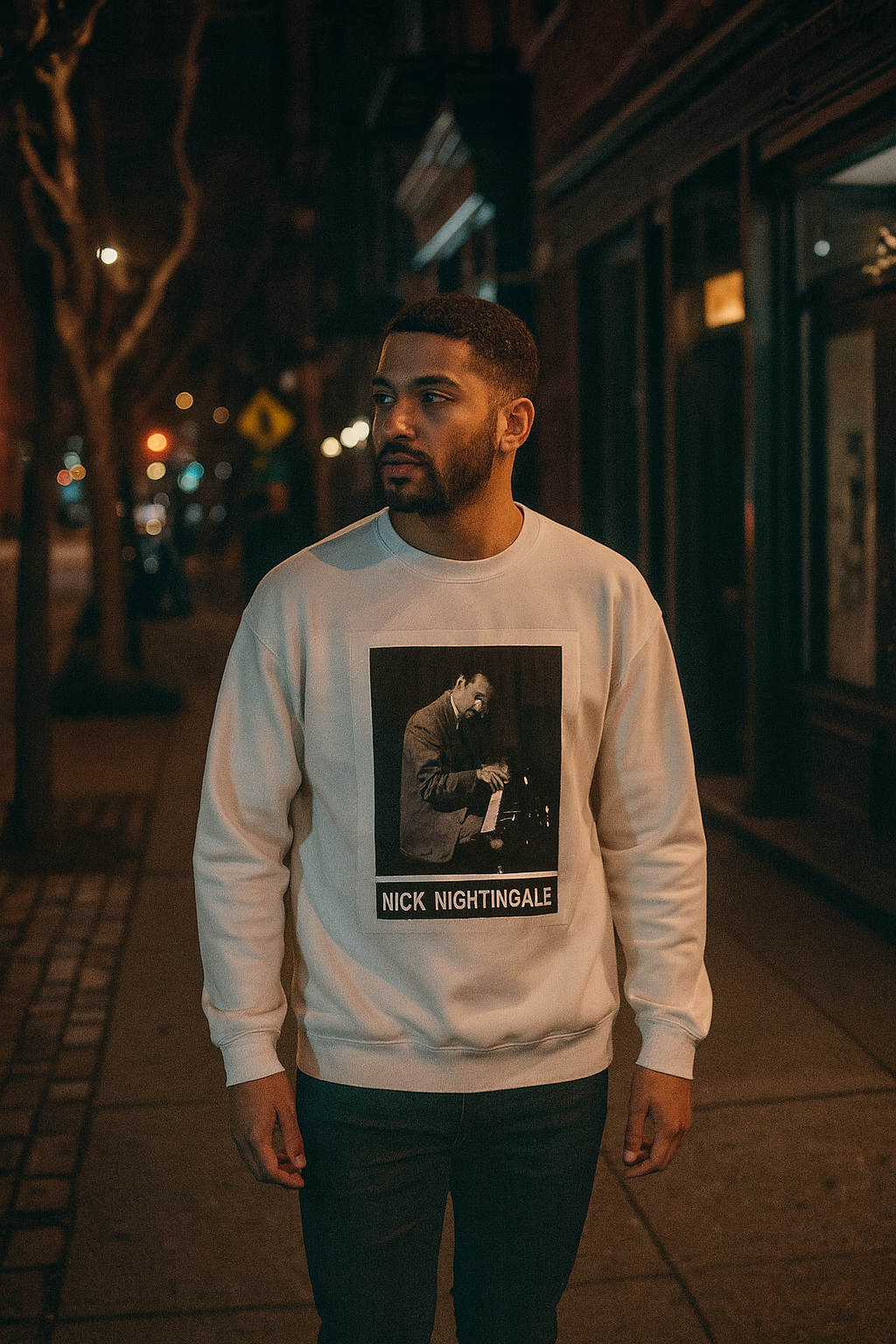 A man walking down a city street at night while wearing a white Nick Nightingale sweatshirt.