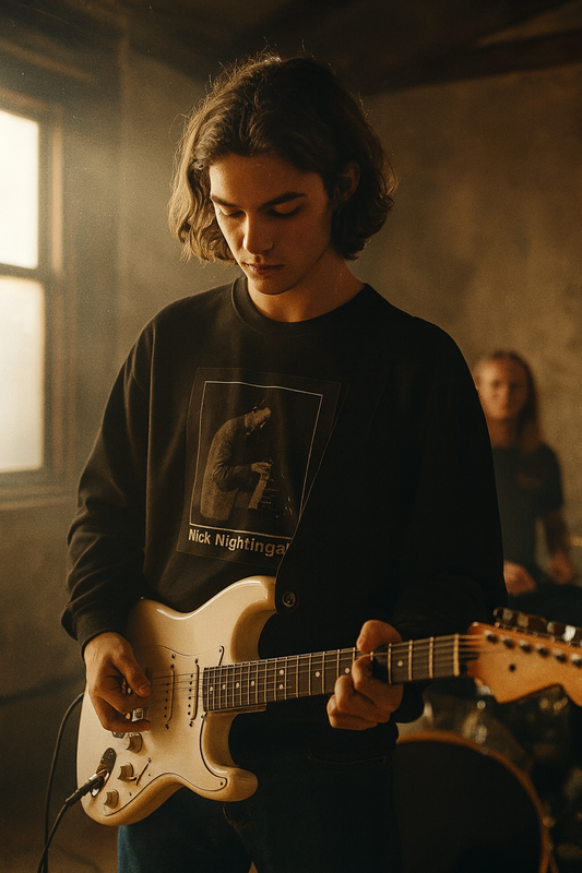 A young person playing electric guitar while wearing a black Nick Nightingale sweatshirt in a warm, dimly lit room.