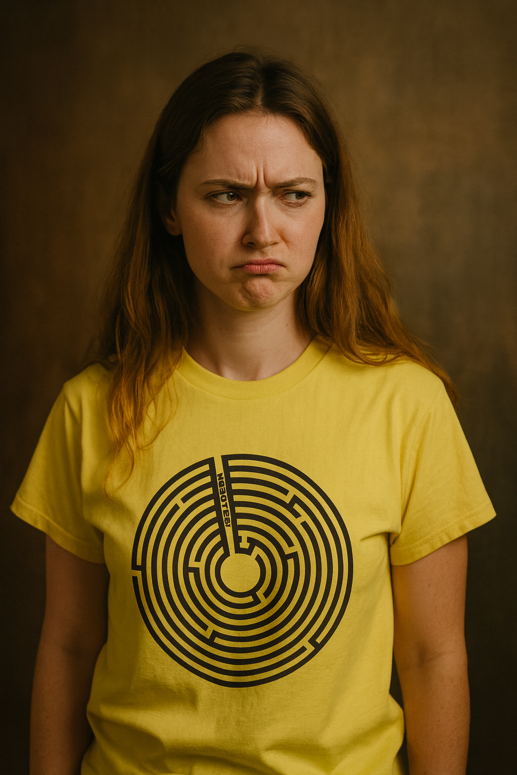 A woman wearing a yellow labyrinth graphic T shirt, standing indoors with a serious expression.