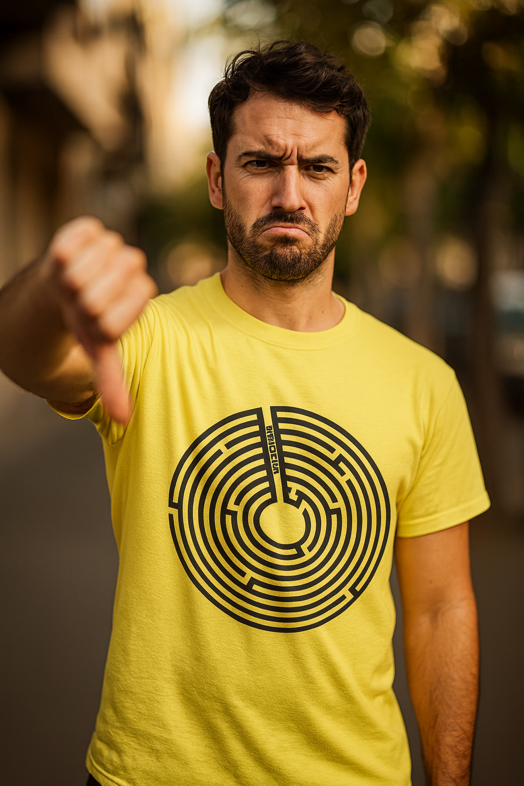 A man wearing a yellow labyrinth graphic T shirt standing outdoors and pointing toward the camera.