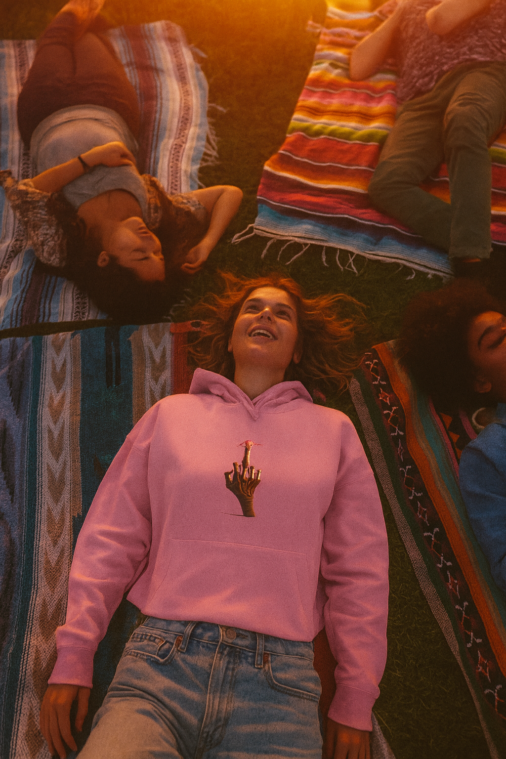 People lying on colorful blankets with one person wearing a pink hoodie with a graphic design.