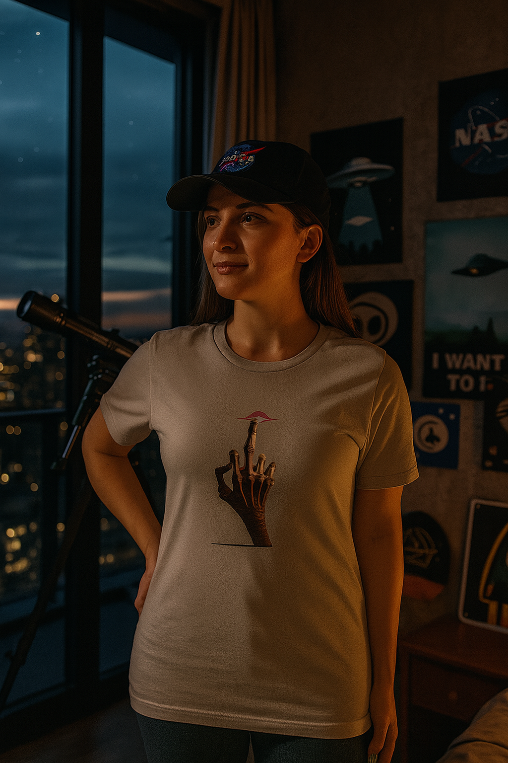 Woman in a space themed room wearing a T shirt with an alien hand graphic.