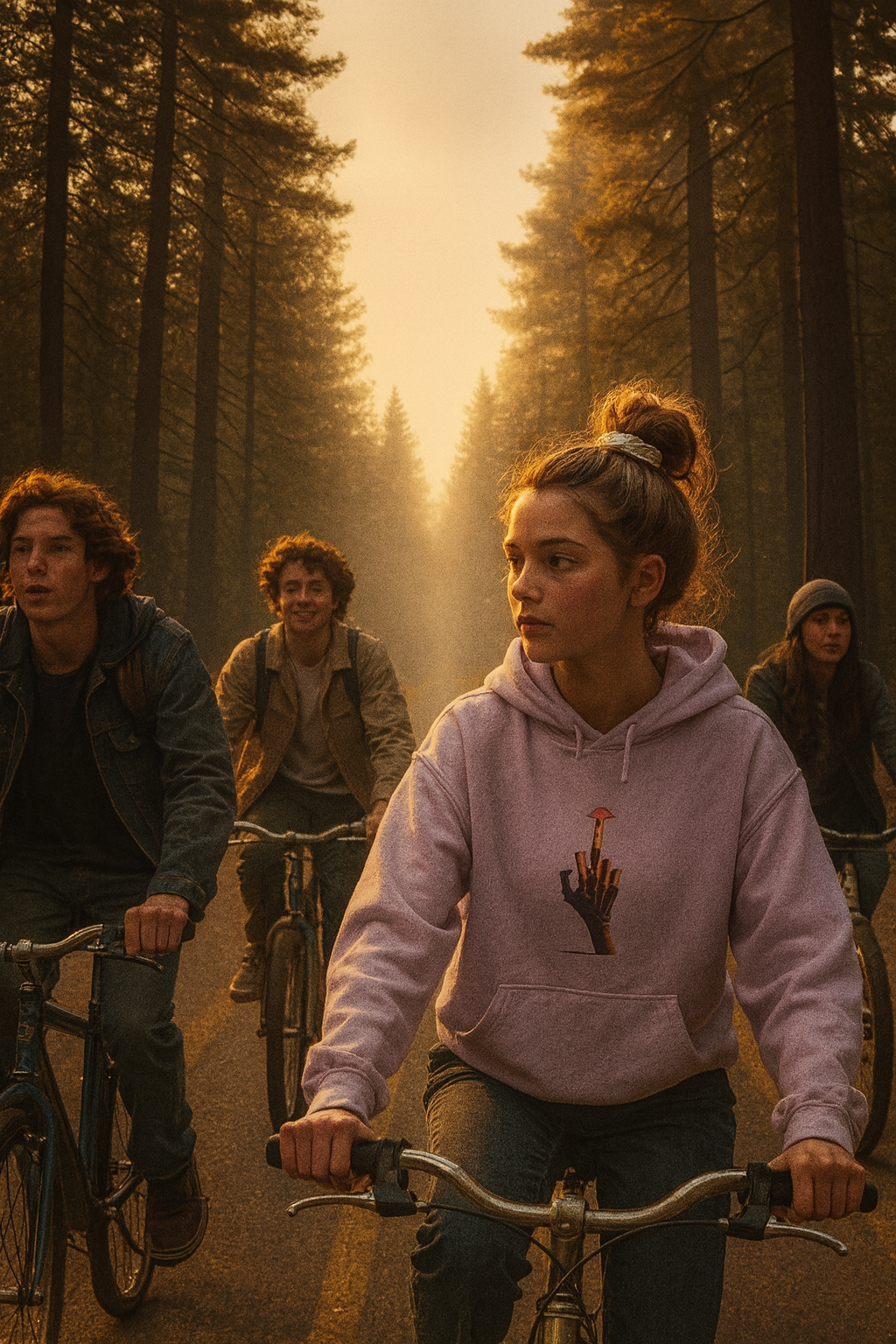 Group of people riding bicycles through a forest with a warm, golden light filtering through the trees.
