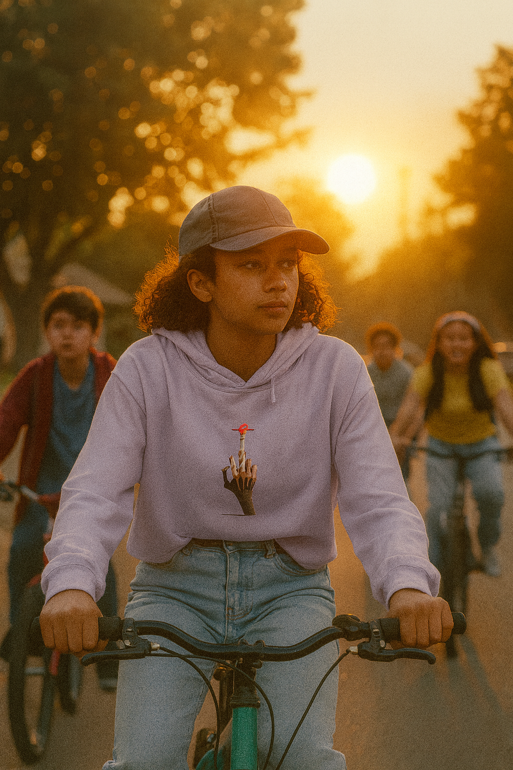 Person riding a bike with a sunset in the background