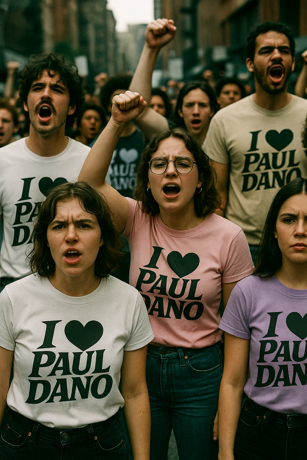 Group walking in city wearing I Love Paul Dano T Shirts