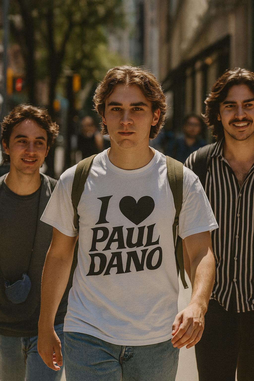 Person wearing a t-shirt with 'I ❤️ Paul Dano' text walking on a street.