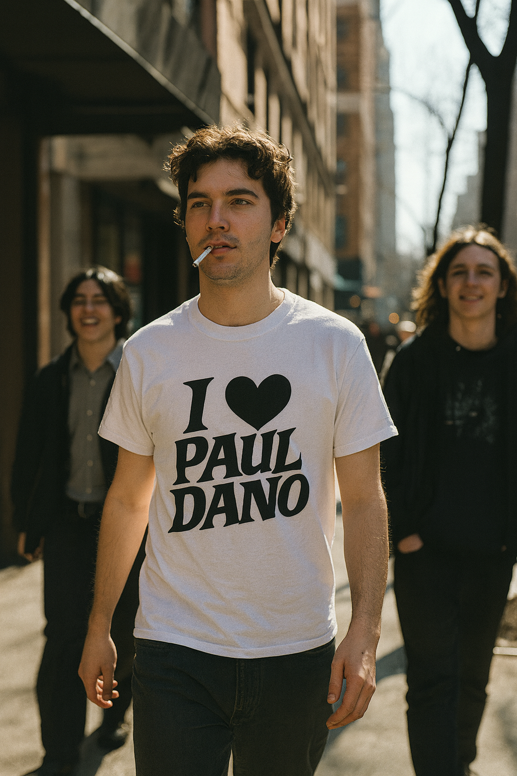 Person walking outdoors wearing white I Love Paul Dano T Shirt