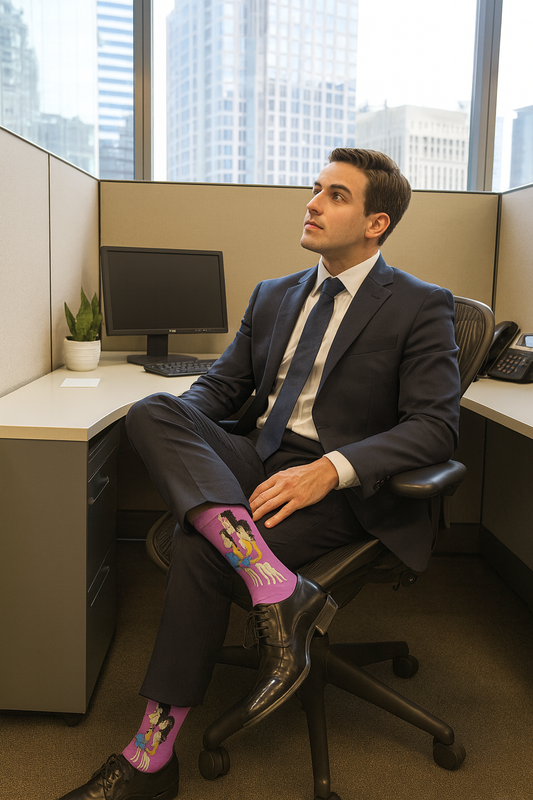 Man in a business suit sitting in an office chair wearing purple crew socks with pop art girl design