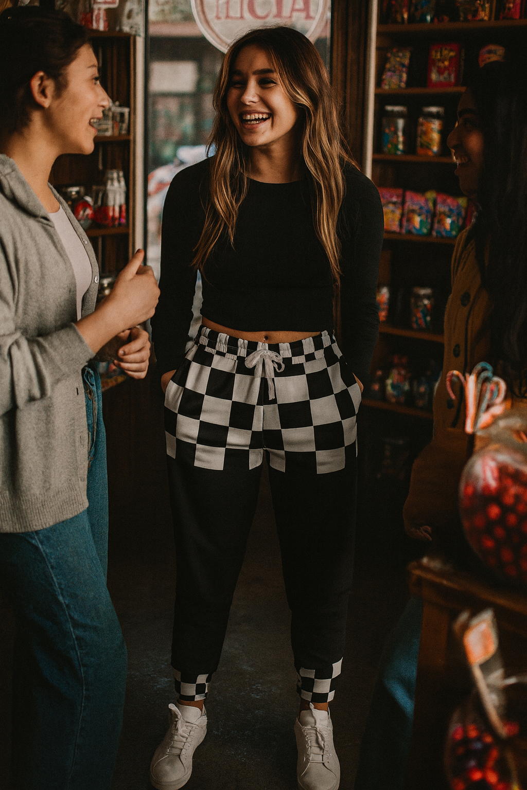 Two people socializing indoors while wearing black jogger pants with checkerboard waist