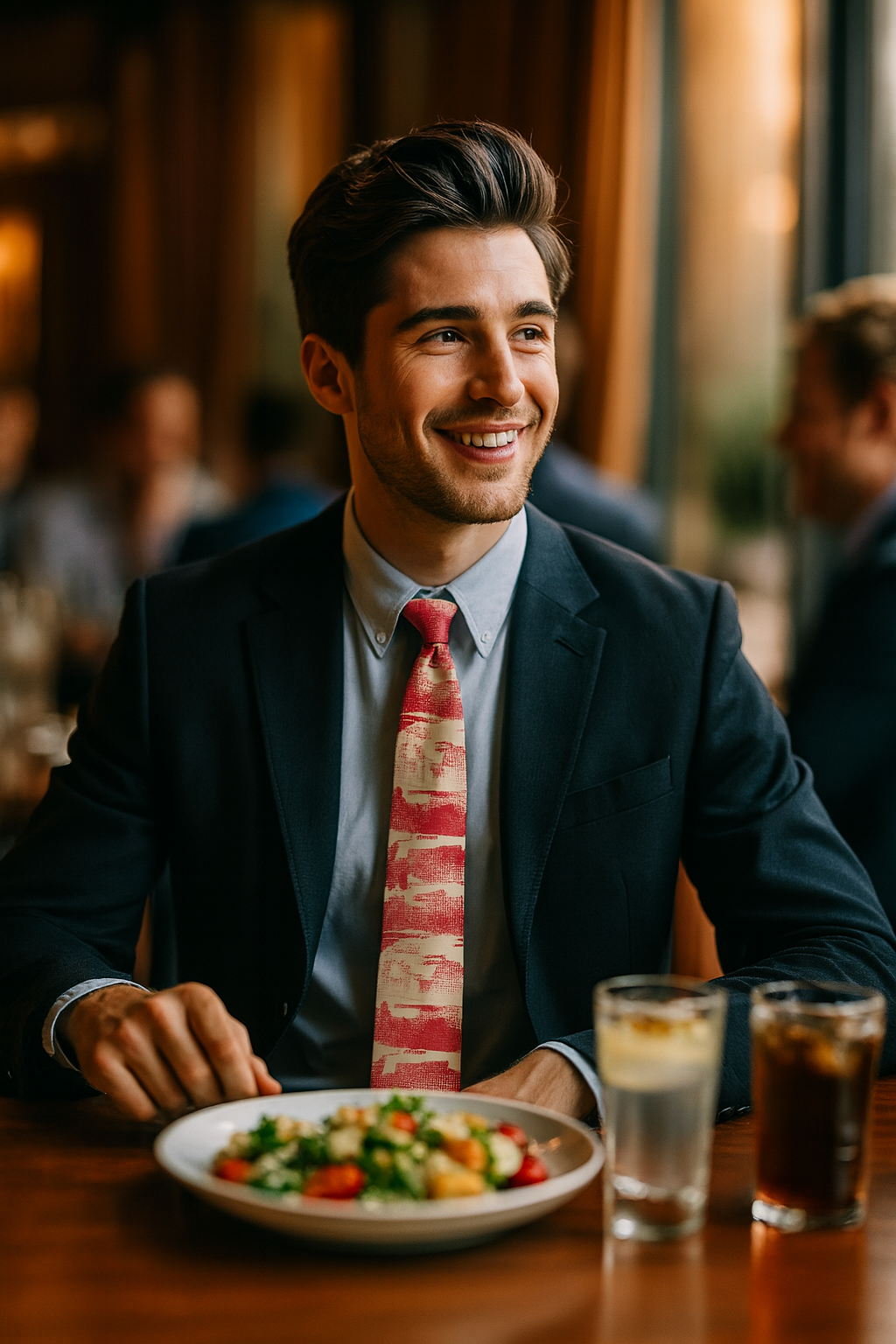 Man wearing a crimson patterned necktie with a dark suit and light blue shirt, sitting at a restaurant table and smiling, showcasing modern city formal style.
