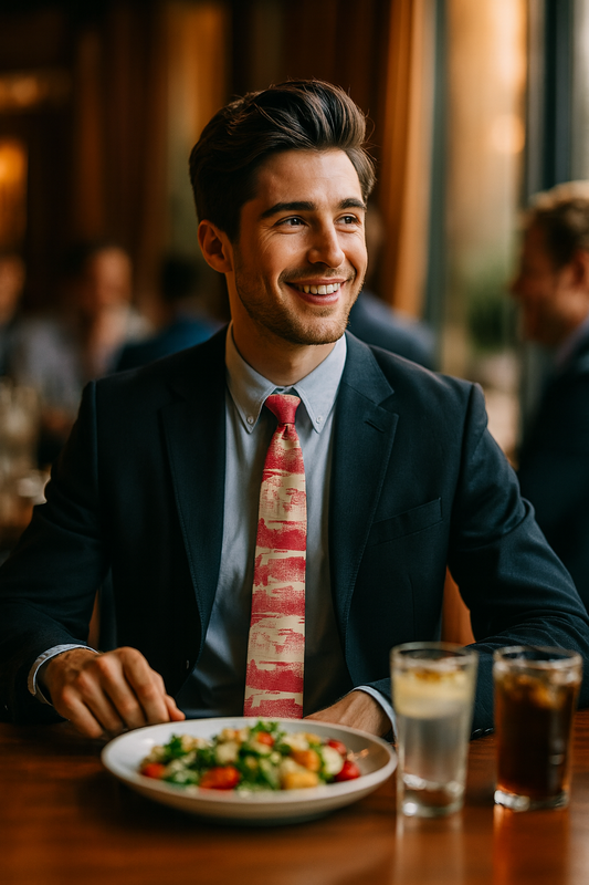 Man wearing a crimson patterned necktie with a dark suit and light blue shirt, sitting at a restaurant table and smiling, showcasing modern city formal style.
