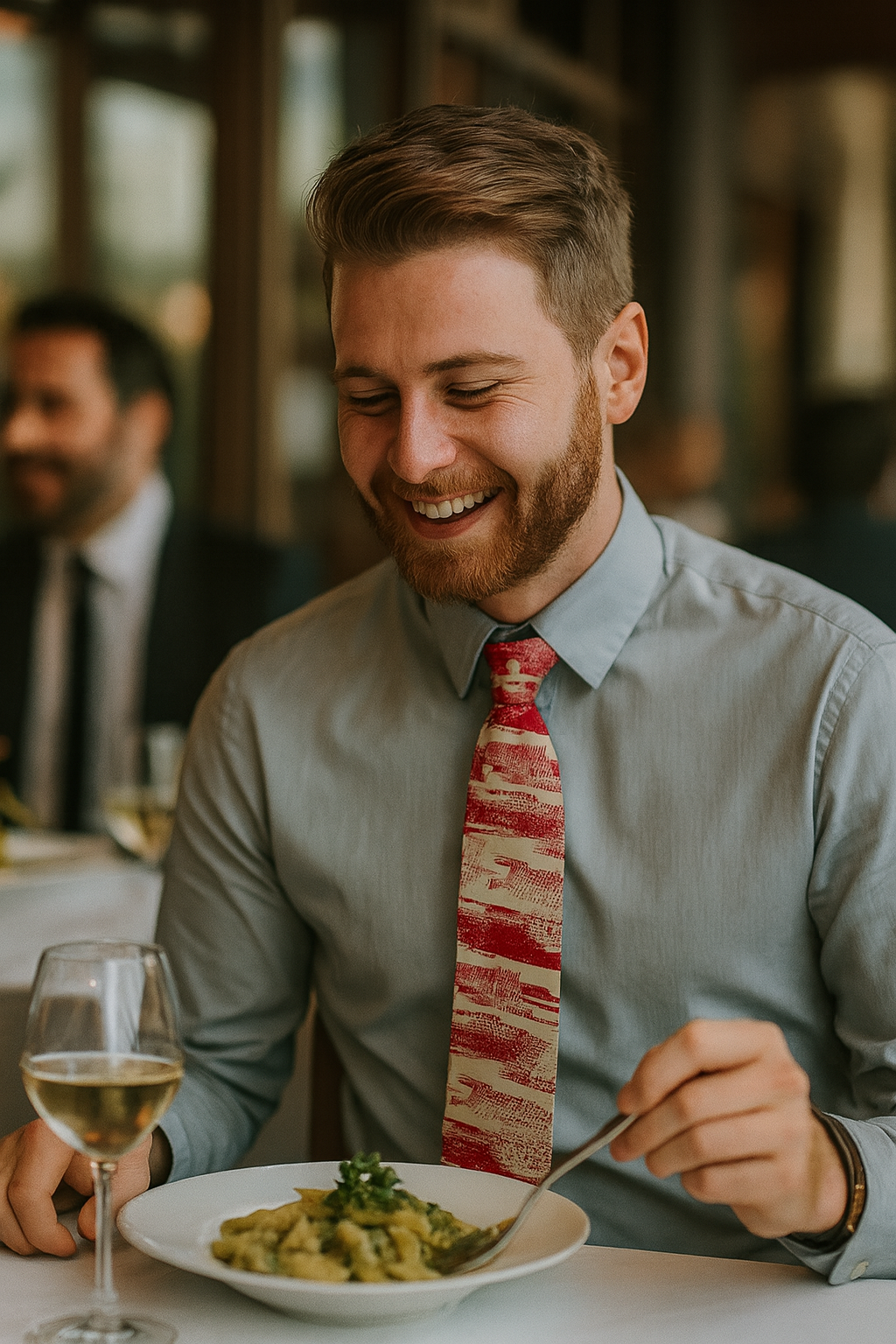 Man wearing a crimson patterned necktie with a light blue button down shirt, seated at a restaurant table, representing smart casual city fashion.