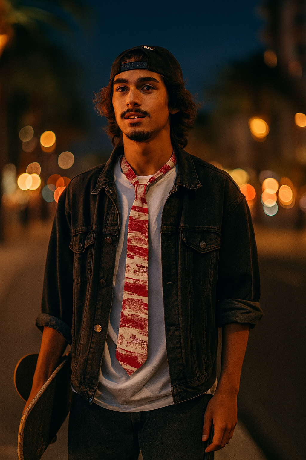 Young man wearing a crimson patterned necktie over a white t shirt and denim jacket, standing outdoors at night with city lights, showing casual urban styling.