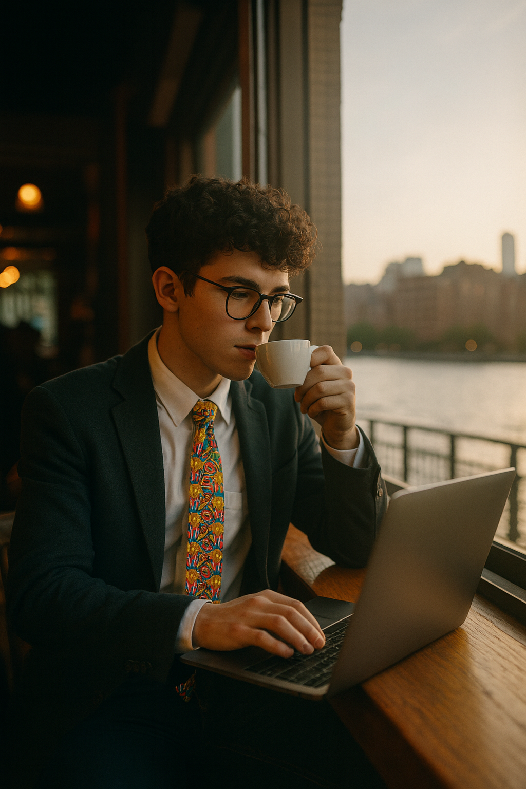 Man wearing glasses and a French fries patterned necktie while working on a laptop at an outdoor cafe, representing modern creative work style.