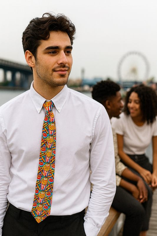 Man wearing a white dress shirt with a colorful French fries patterned necktie, standing outdoors near a waterfront, showing casual city style.
