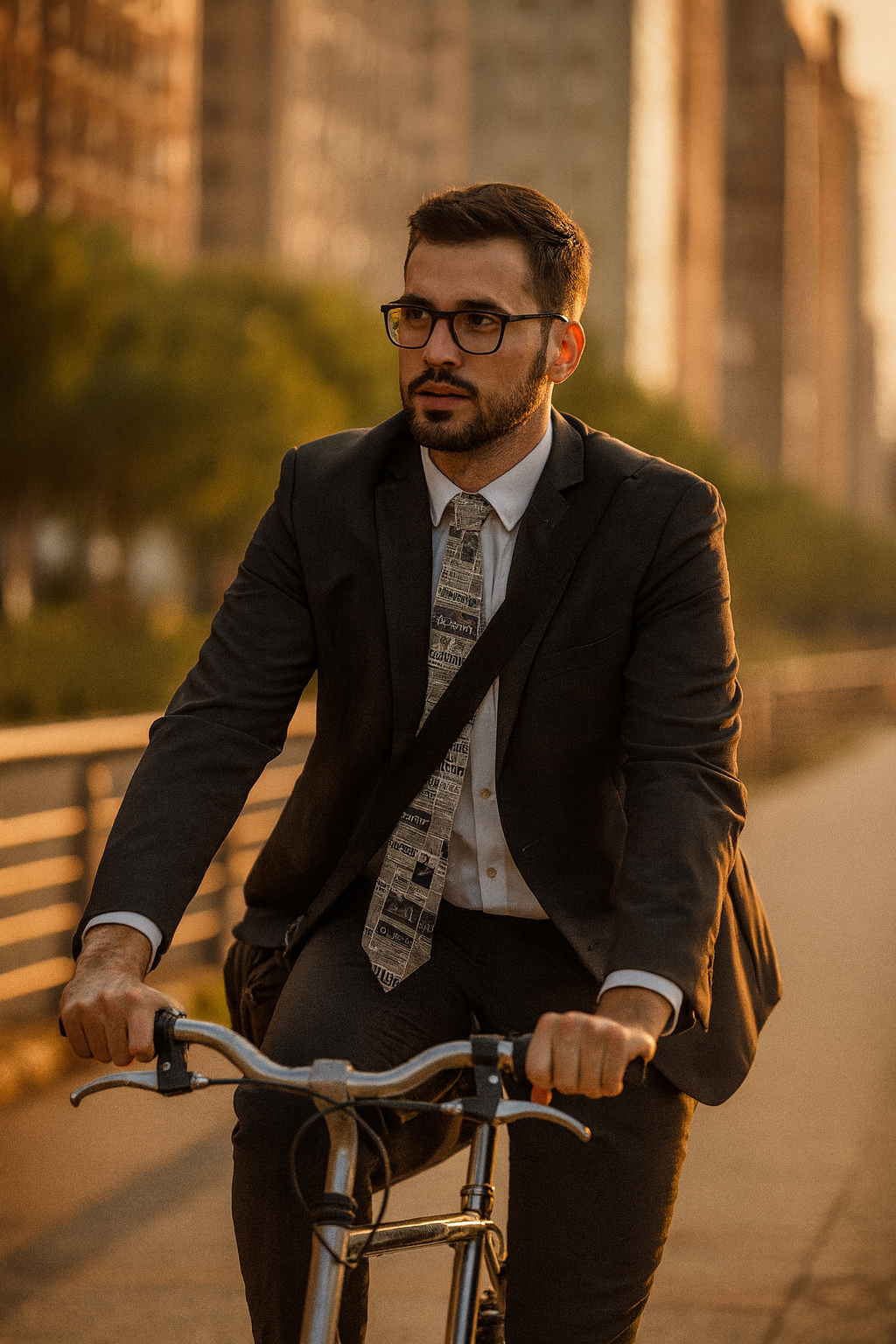 Man wearing a black and white newspaper print necktie with a dark suit, riding a bicycle through a city street during golden hour.