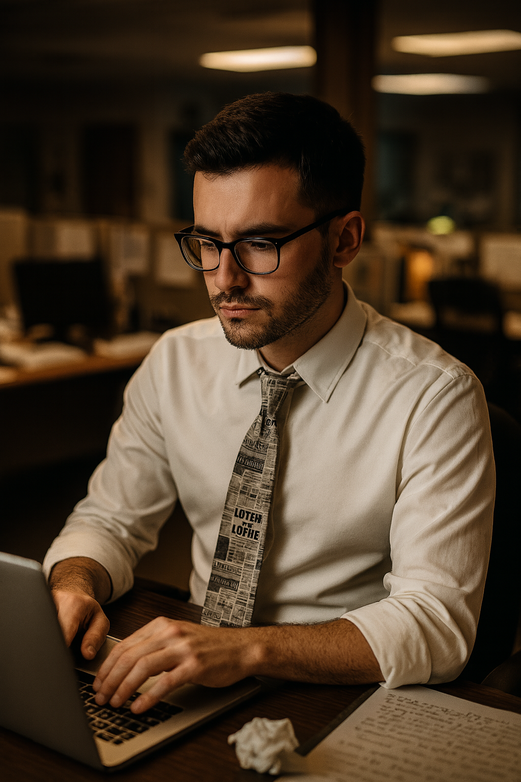 Man wearing a newspaper print necktie and glasses while working on a laptop at a desk, representing creative professional style.
