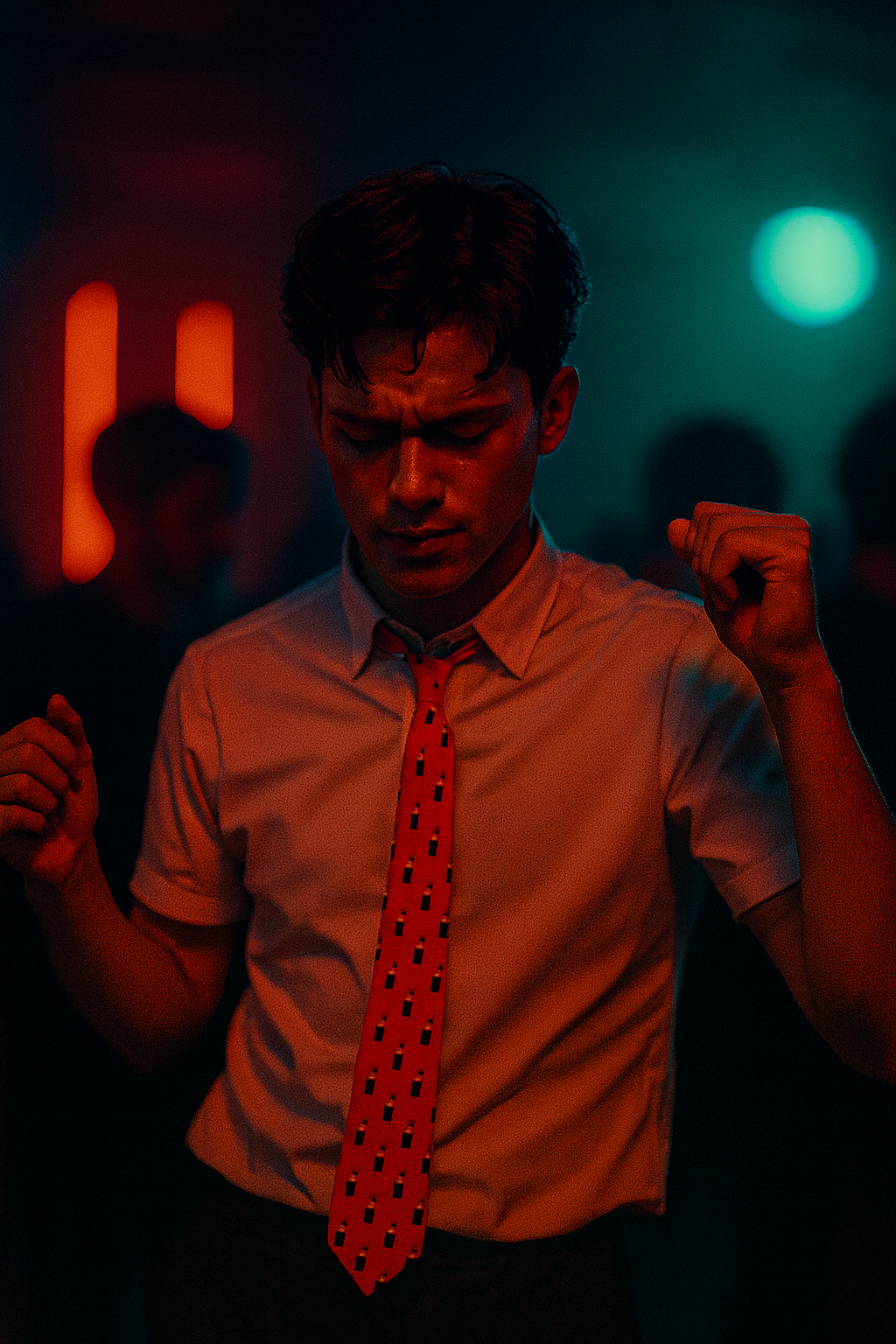 Man wearing a pink lipstick patterned necktie while dancing in a dimly lit space, expressing playful and confident style.