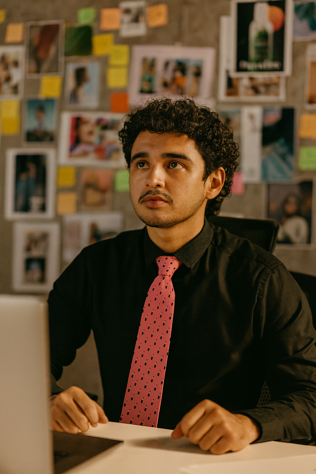 Person wearing a pink lipstick patterned necktie with a black shirt, seated at a desk with creative materials in the background, showing artistic everyday wear.