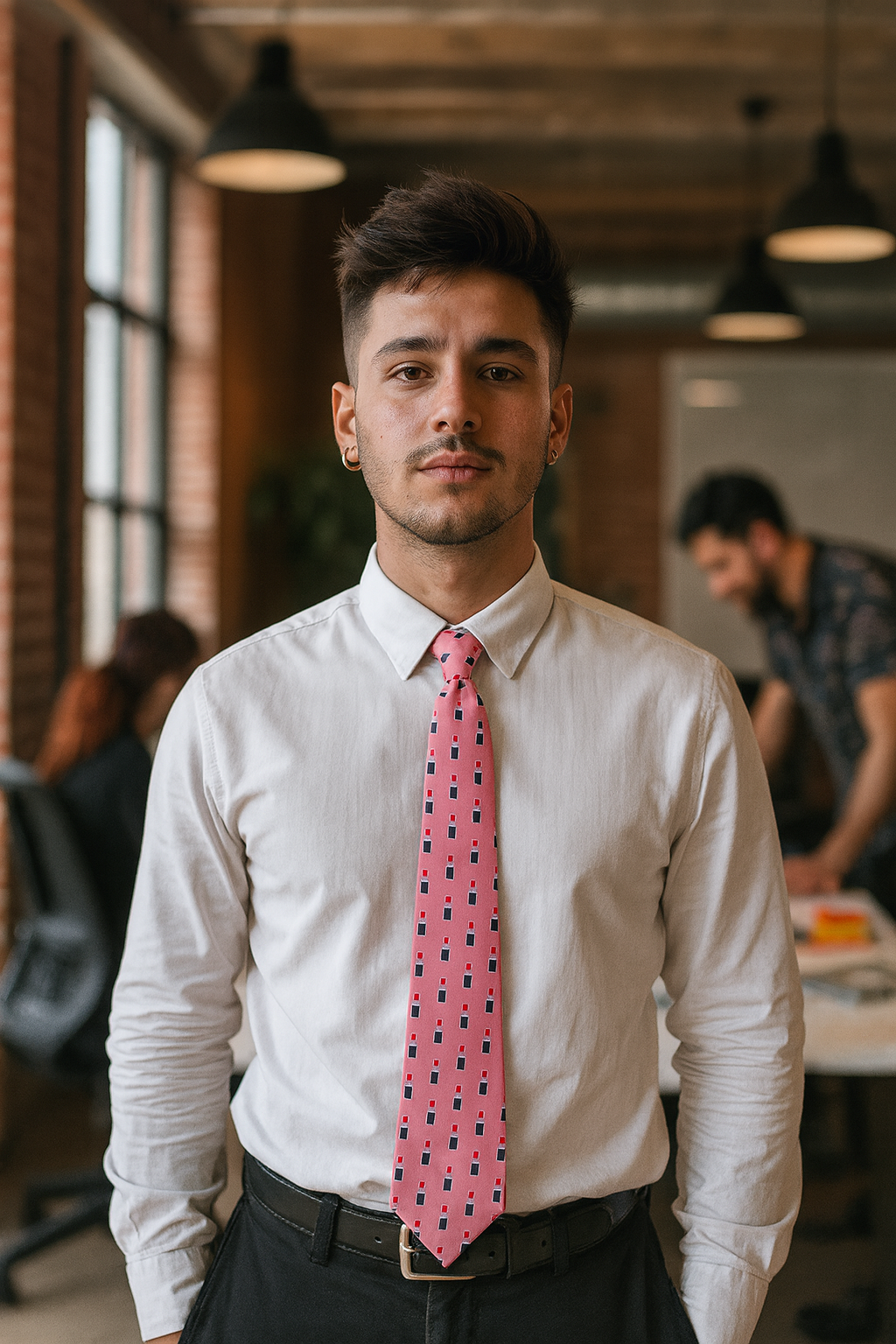 Man wearing a white shirt with a pink lipstick patterned necktie, standing in a creative office space, showcasing modern unisex style.