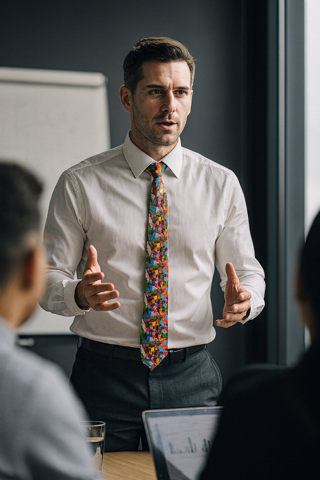 Man presenting in meeting wearing multicolor puzzle print polyester necktie