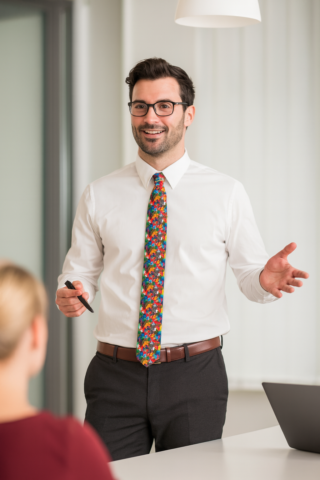 Business professional wearing puzzle graphic necktie remembering presentation