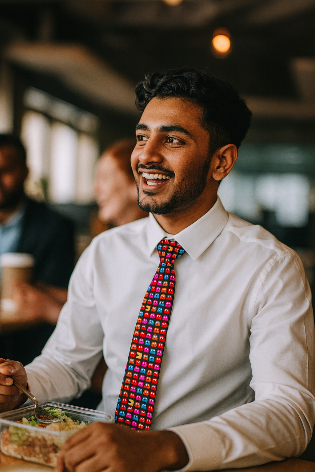 Arcade Ghost Necktie worn by a man smiling indoors
