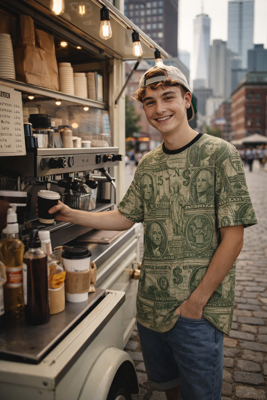 Young man wearing a green dollar print t-shirt standing at a street coffee stand in the city.
