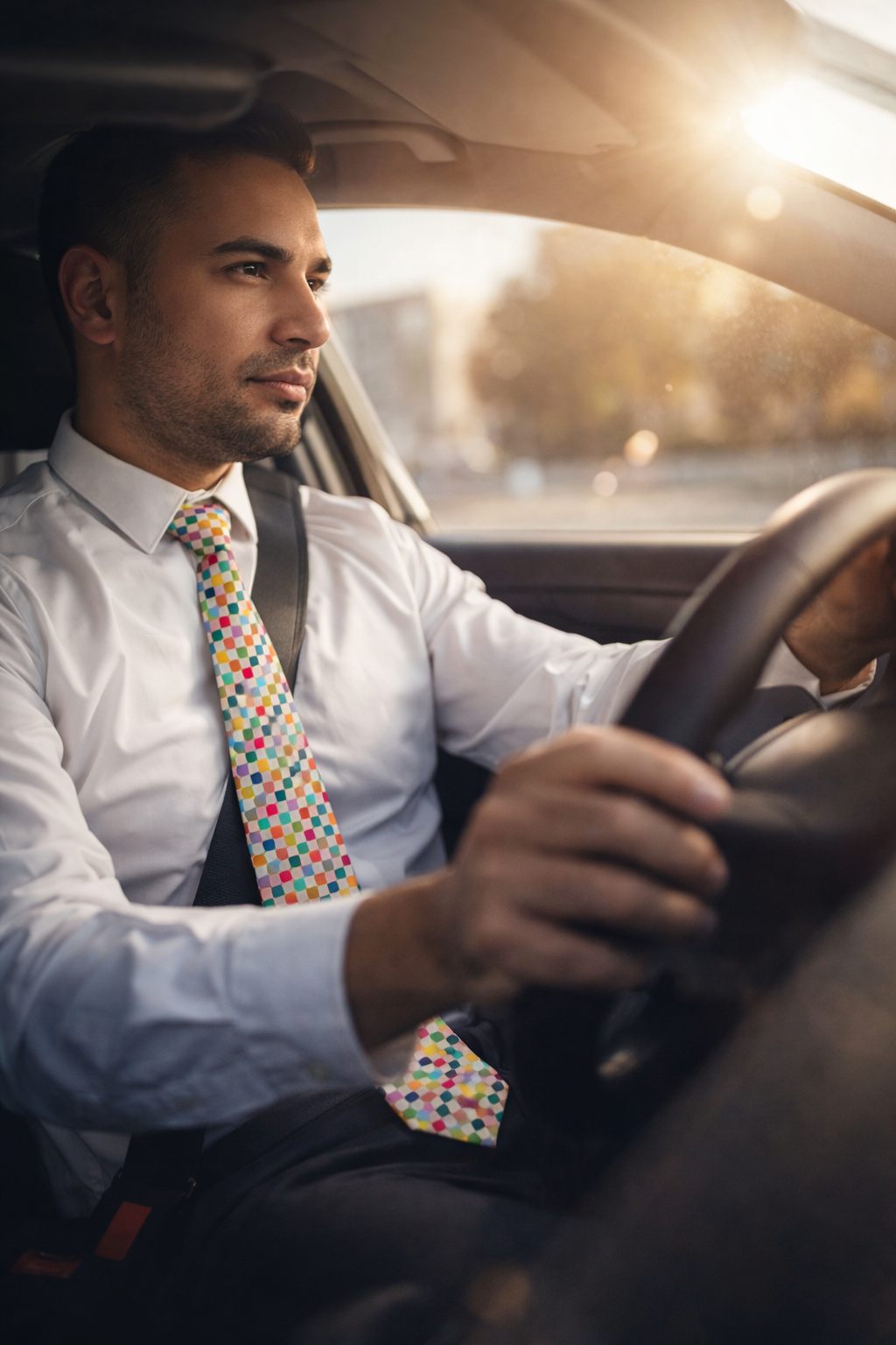 professional man driving wearing retro pixel pattern necktie