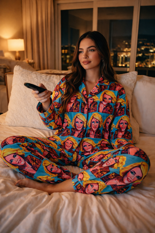 Woman lounging on a bed wearing the Joan Fashion Police satin pajama set with bold pop art portrait print, relaxed fit, and button front top.