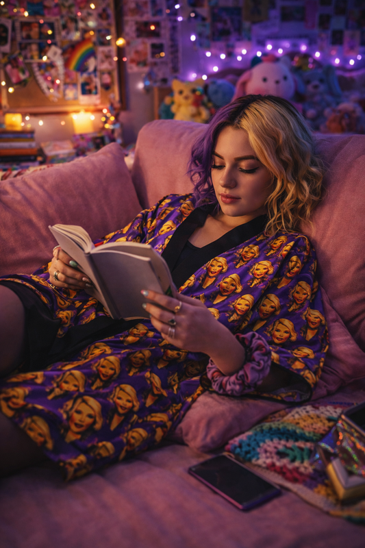 Woman lounging on a couch wearing the Joan Forever long sleeve kimono robe with pop art portrait print and black trim while reading a book.