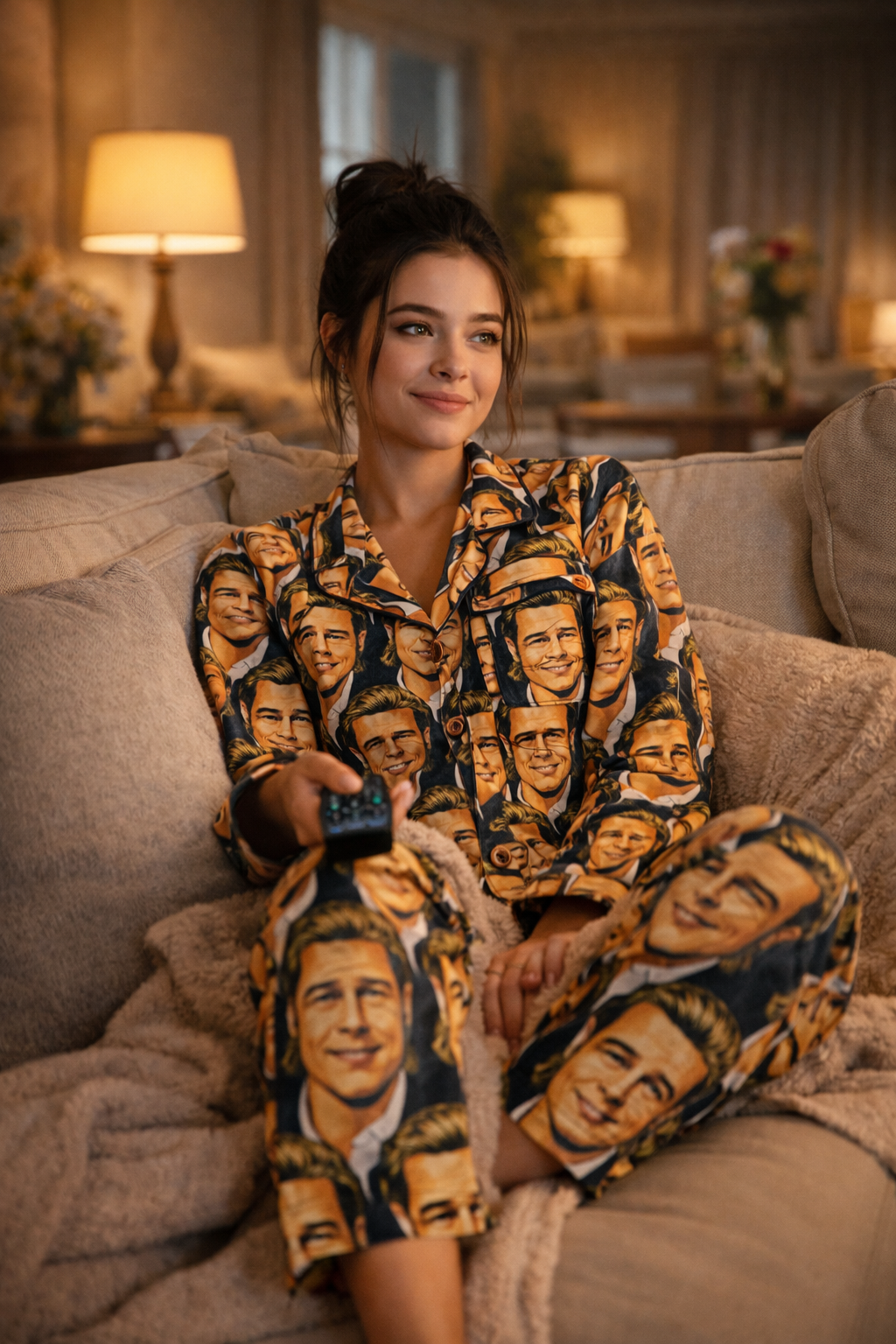 Woman lounging on a couch wearing Brad’s Face satin women’s pajama set with bold pop art face print and button front top.