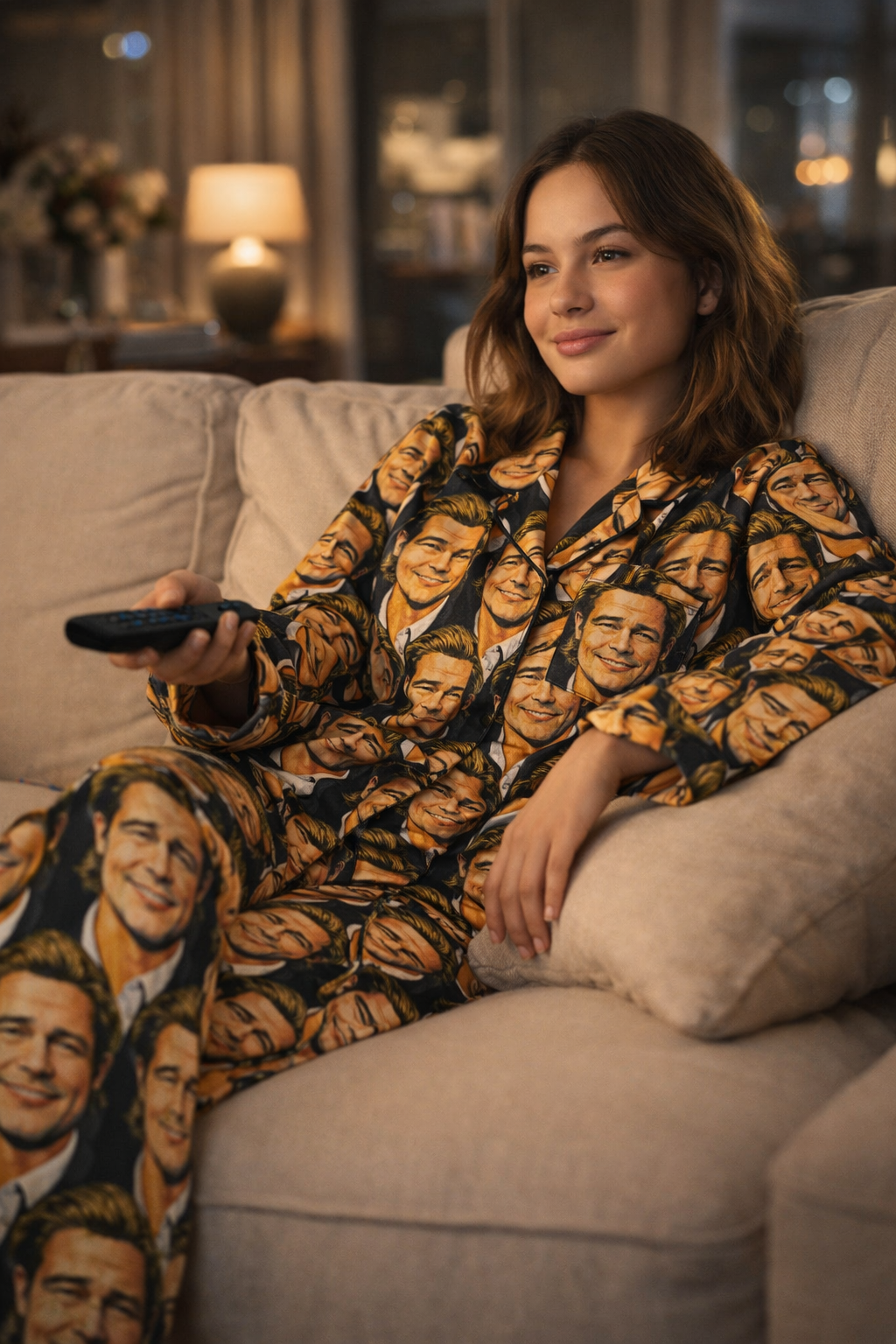 Woman relaxing on a couch wearing pop art face print satin pajamas with relaxed fit pants and long sleeve button front top.
