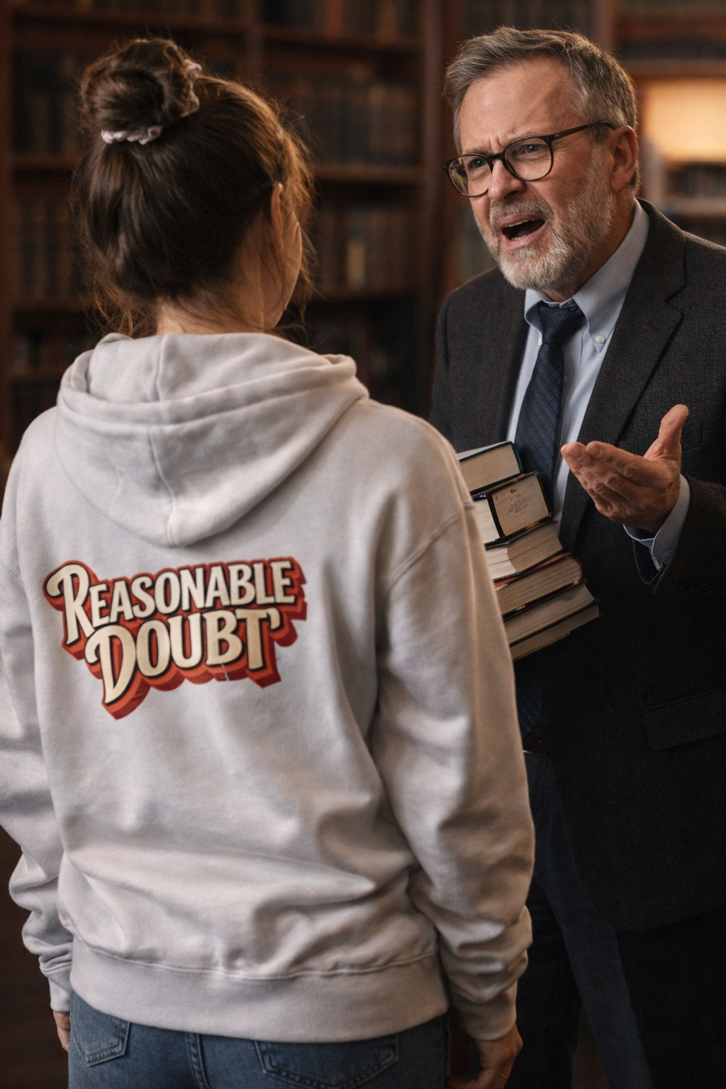 erson wearing light gray Reasonable Doubt zip hoodie with retro script back print during a conversation indoors.