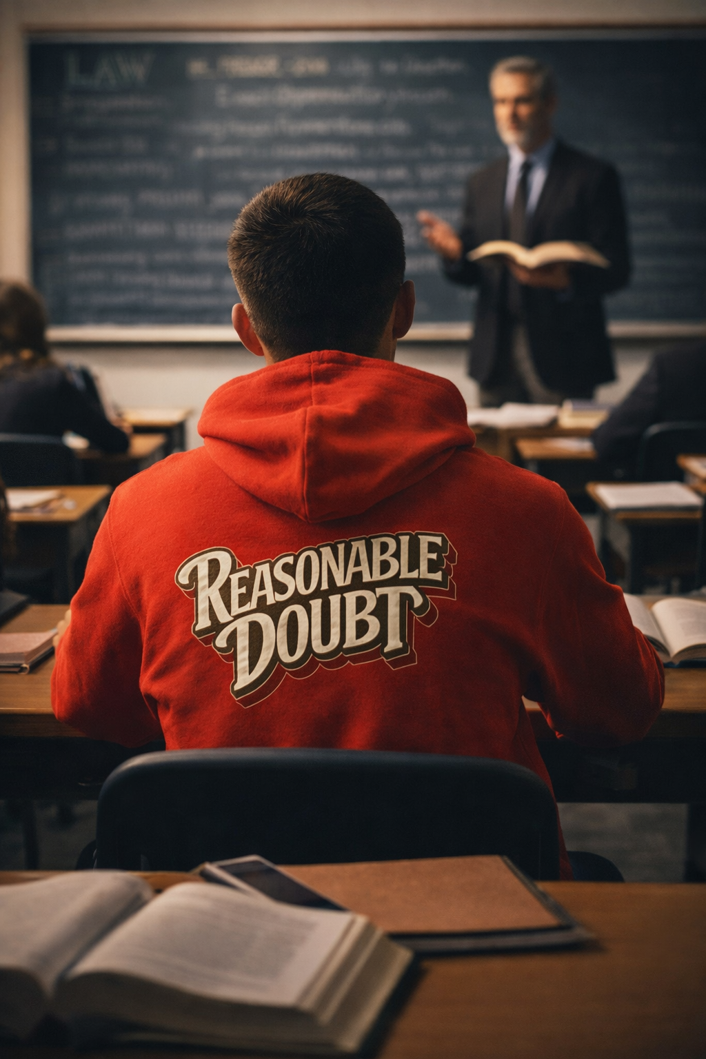 Young male seated in a classroom wearing the Reasonable Doubt unisex zip hoodie with retro script back print.