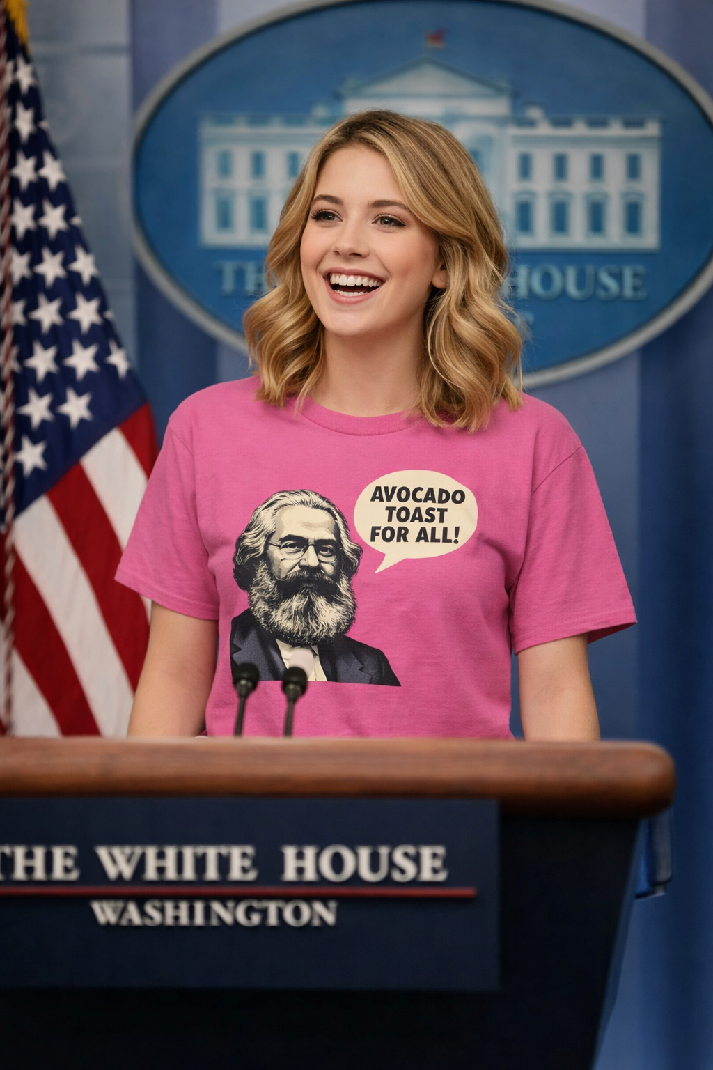 Woman standing at a podium wearing pink Avocado Toast Warrior T Shirt with graphic print.