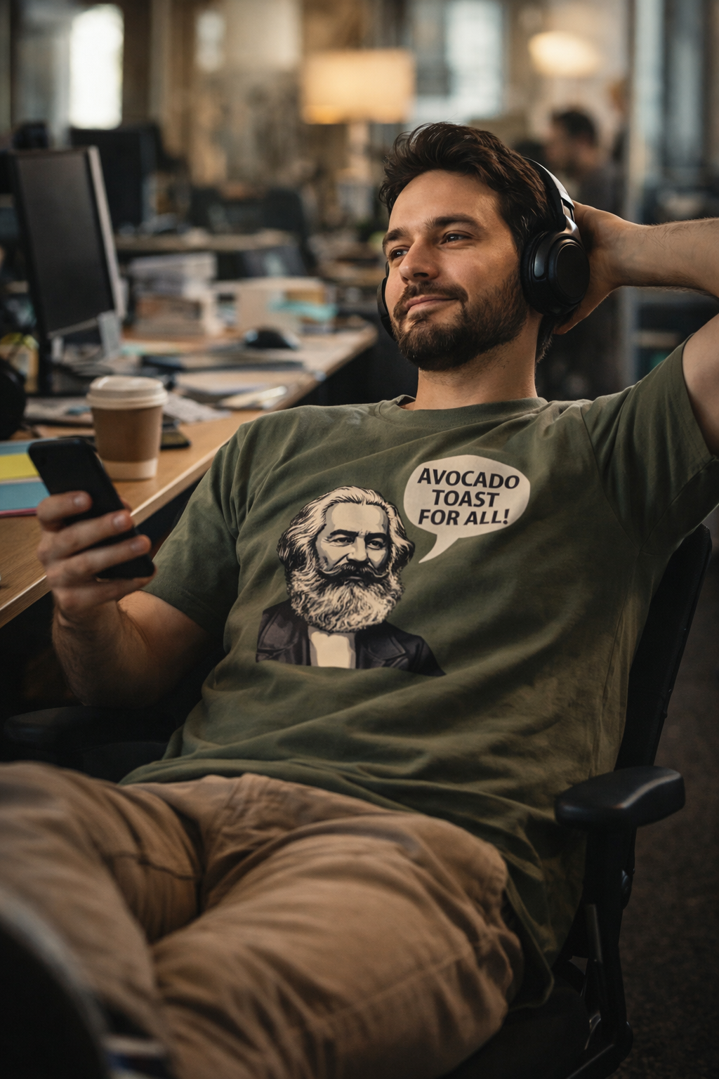 Man relaxing in an office chair wearing the Avocado Toast Warrior T Shirt with graphic print while holding a coffee and phone.